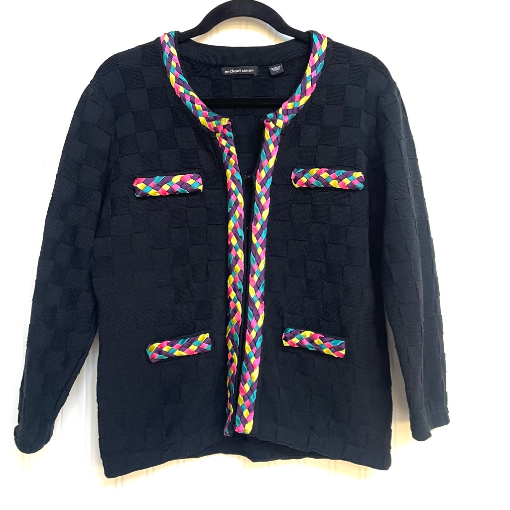 Michael Simon Vintage Women’s Rainbow Trim Black Checkered Knit Cardigan Size L